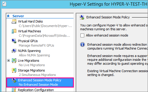 Screenshot that shows the Enhanced session mode policy option under the Security section.