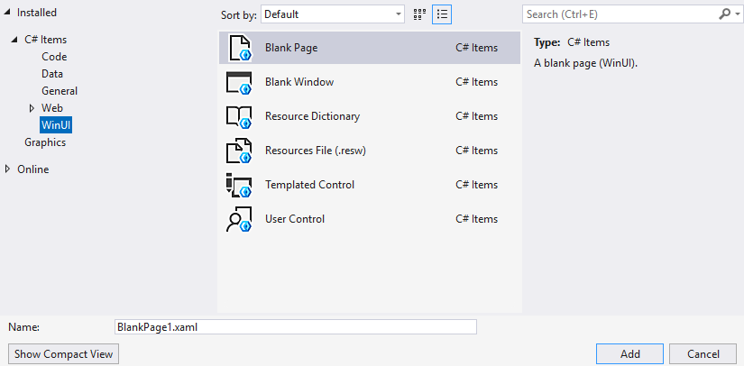 WinUI item templates