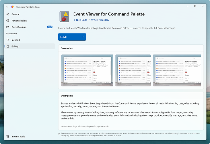 A screenshot of an extension detail page in Command Palette showing the extension description, screenshots, and install button.