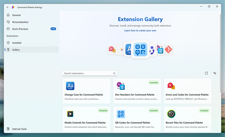 A screenshot of the Command Palette Extension Gallery showing a list of available extensions.
