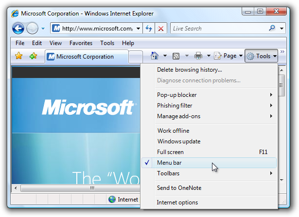 screen shot of option list with menu bar selected