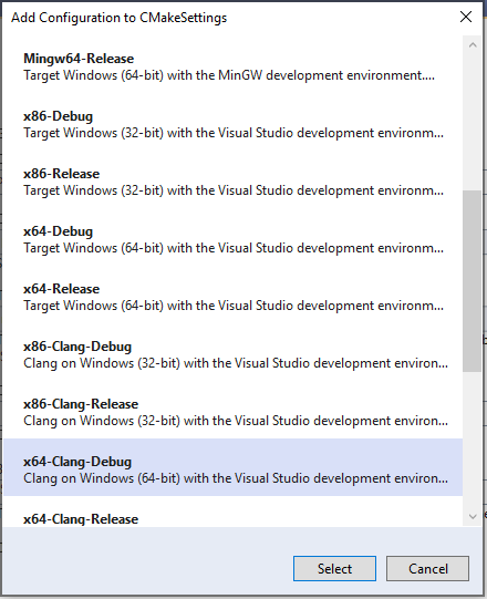 Screenshot of the Add Configuration to C Make Settings dialog for Clang configuration. Contains entries such as Mingw64-Release, x86-Debug, x64-Debug, x86-Clang Debug, and so on.