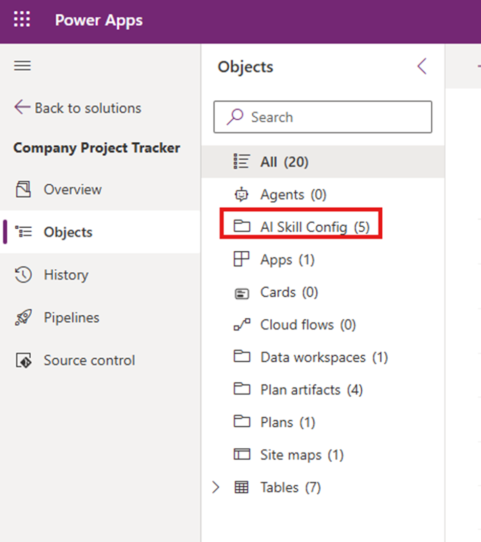 Screenshot of the AI skill config table in the Objects pane.