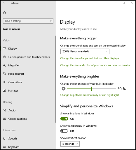 Ease of Access page in Windows settings