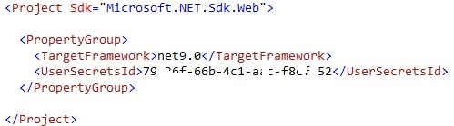 The UserSecretsId MSBuild property configuration in the app's project file.