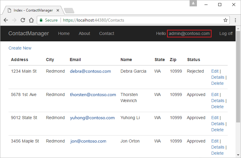 Screenshot showing admin@contoso.com signed in