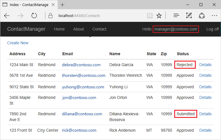 Screenshot showing manager@contoso.com signed in