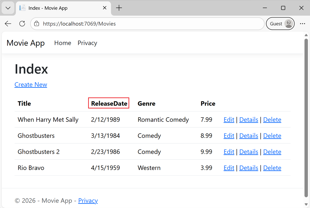 Index view: Release Date is one word (no space).