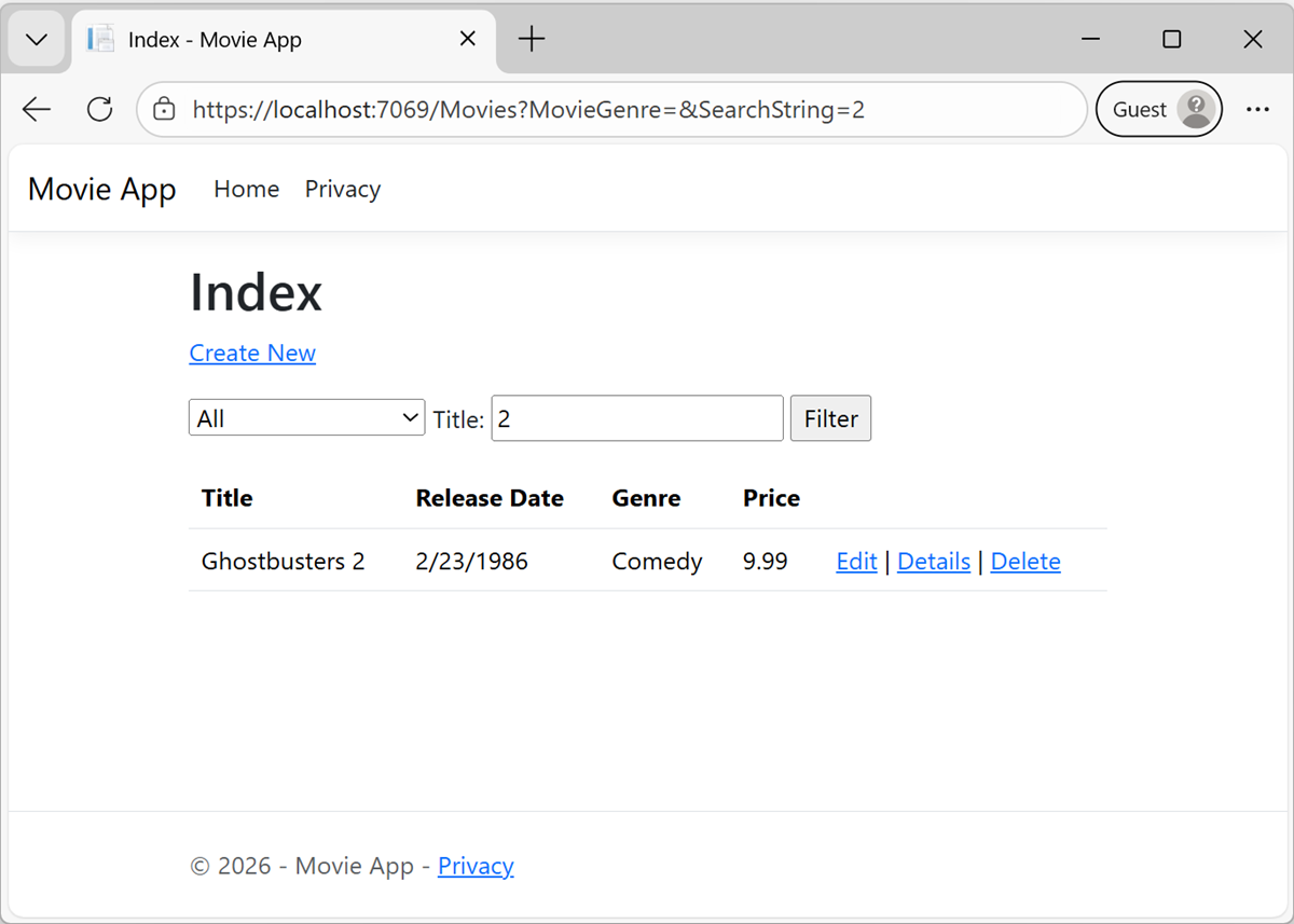 Browser window showing results of https://localhost:5001/Movies?MovieGenre=Comedy&SearchString=2.