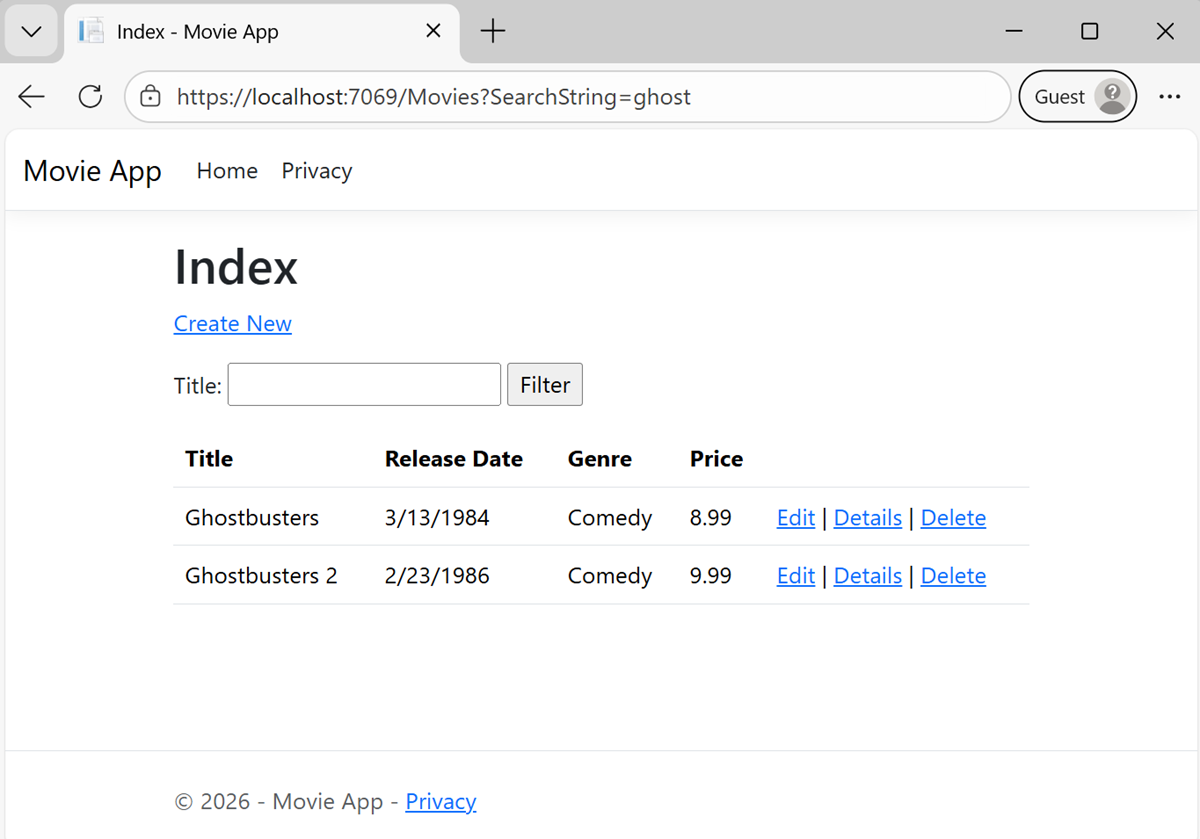 Browser window showing the searchString=ghost in the Url and the movies returned, Ghostbusters and Ghostbusters 2, contain the word ghost.