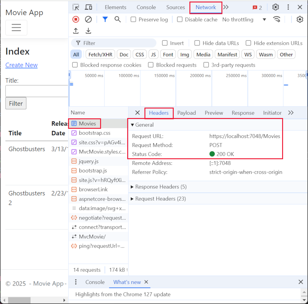 Network and Headers tabs of Chrome browser Developer Tools showing a request body with a searchString value of ghost.