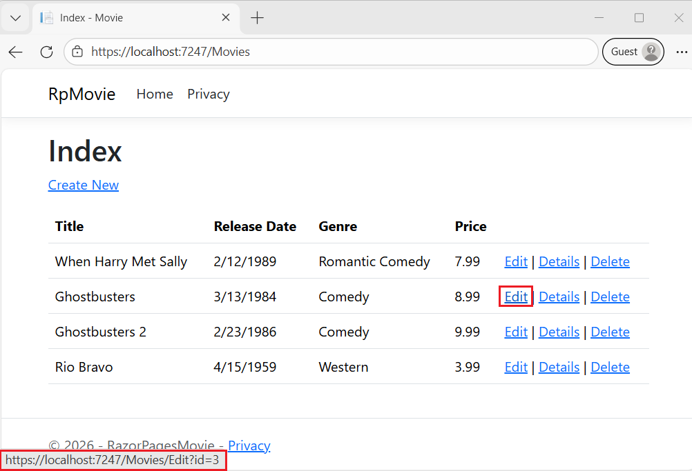 Browser window with mouse over the Edit link and a link Url of https://localhost:1234/Movies/Edit/5 is shown.