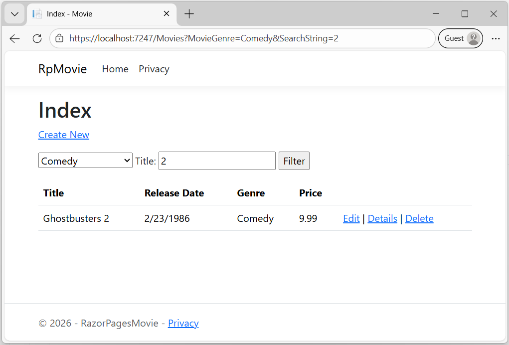 Index view complete with Genre selector and Title textbox search filters.