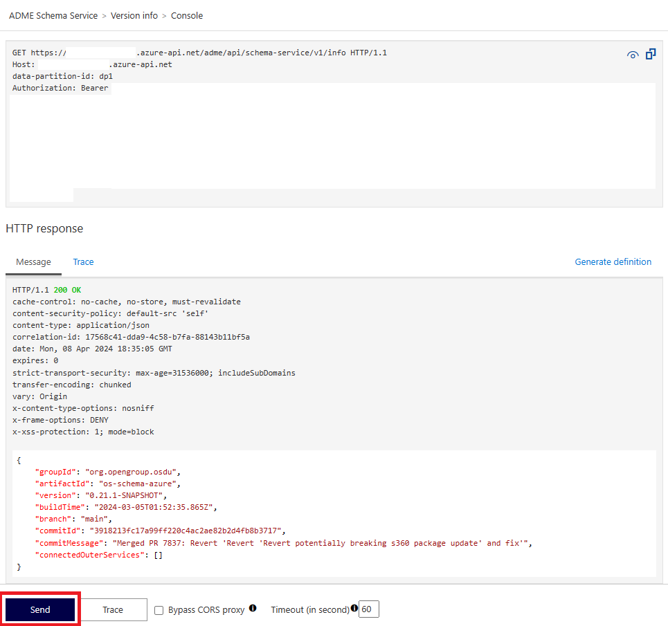 Screenshot of the Create from API Test Console.