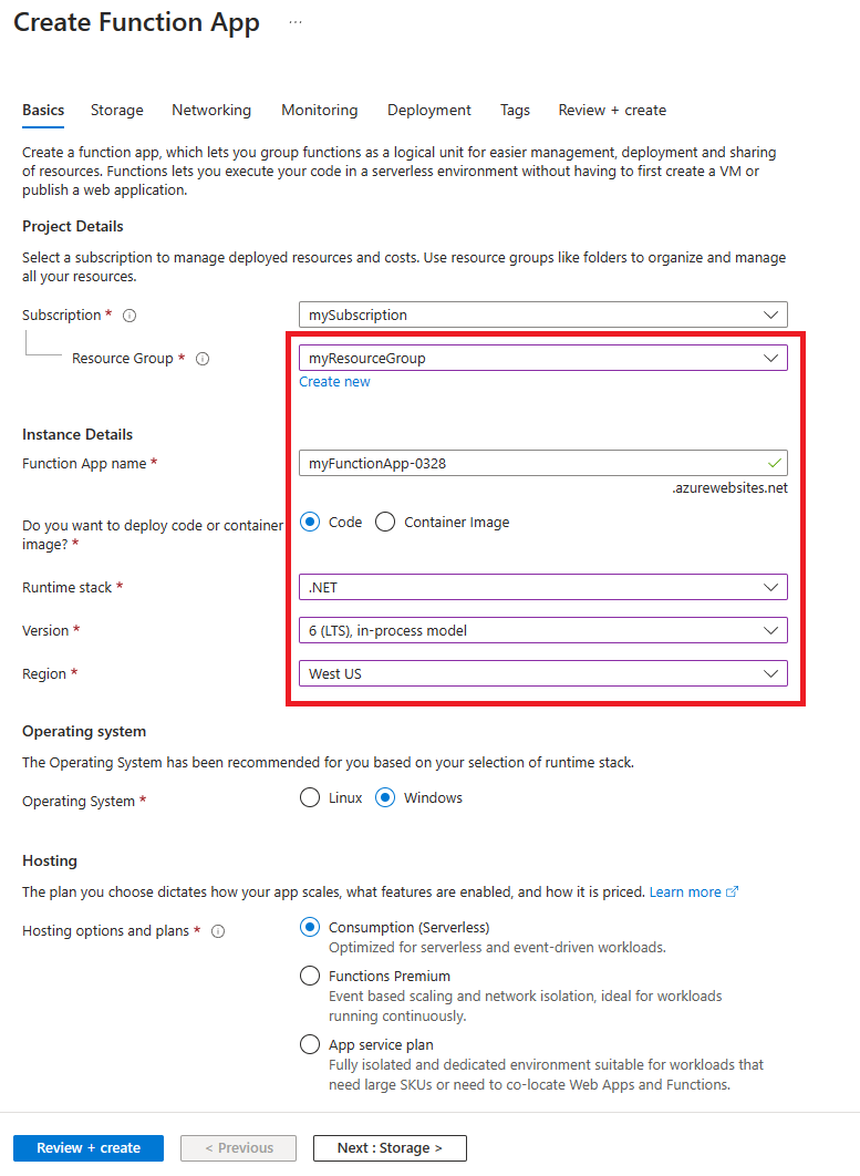 Screenshot that shows the Create Function App page in the Azure portal.