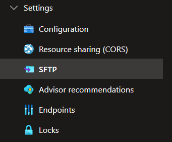 Screenshot of the SFTP tab under storage account settings.