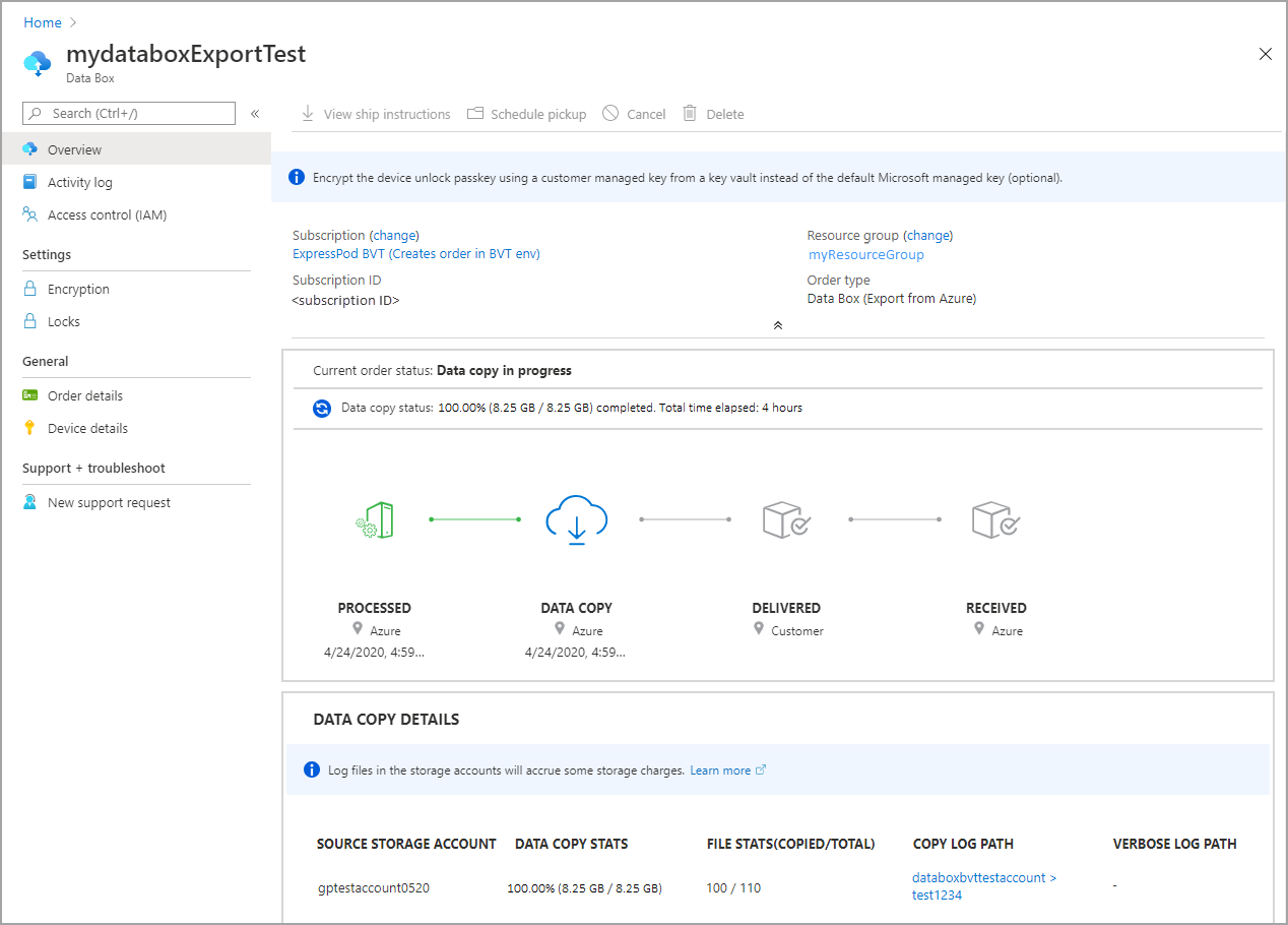 Screen capture of a Data Box export order with data copy in progress.