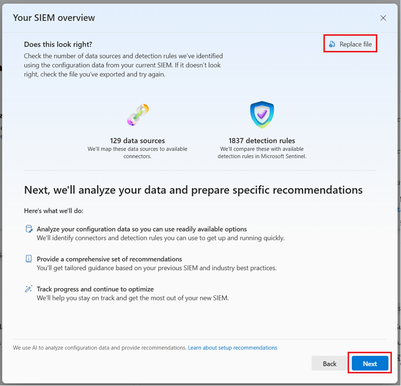 Screenshot of the confirmation screen showing the number of data sources and detection rules.