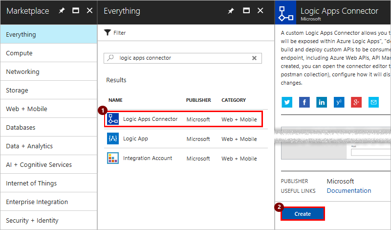 Create Logic Apps connector Screenshot of Create Logic Apps connector.