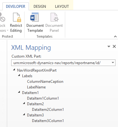 NAV_ReportLayout_XMLMappingPane Clip of the XML Mapping pane in word.