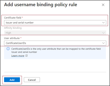 Screenshot that shows how to add Issuer and serial number.