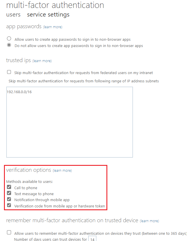 Screenshot of service settings for multifactor authentication.