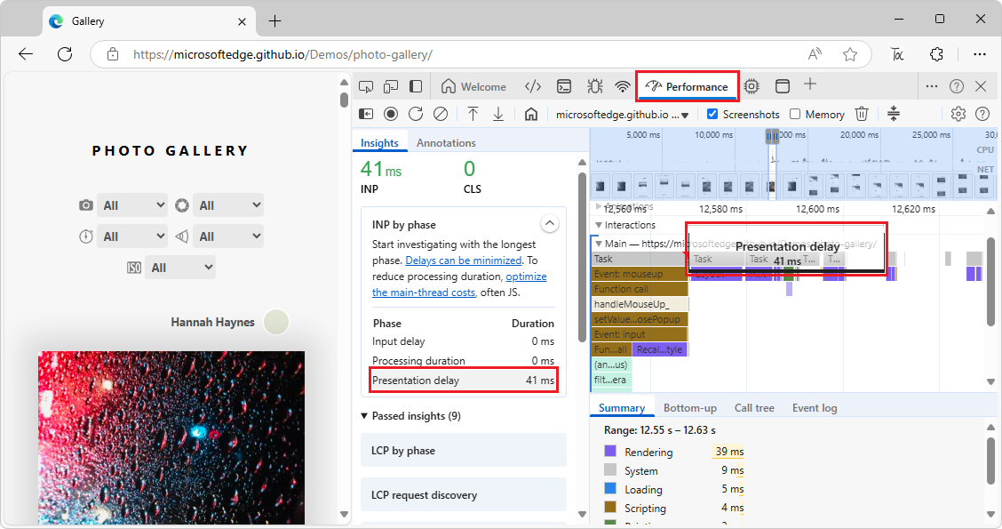 Hovering over entries in the Insights tab