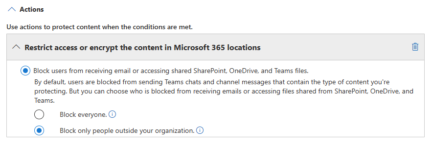 Screenshot of the DLP action to block external sharing of sensitive content.