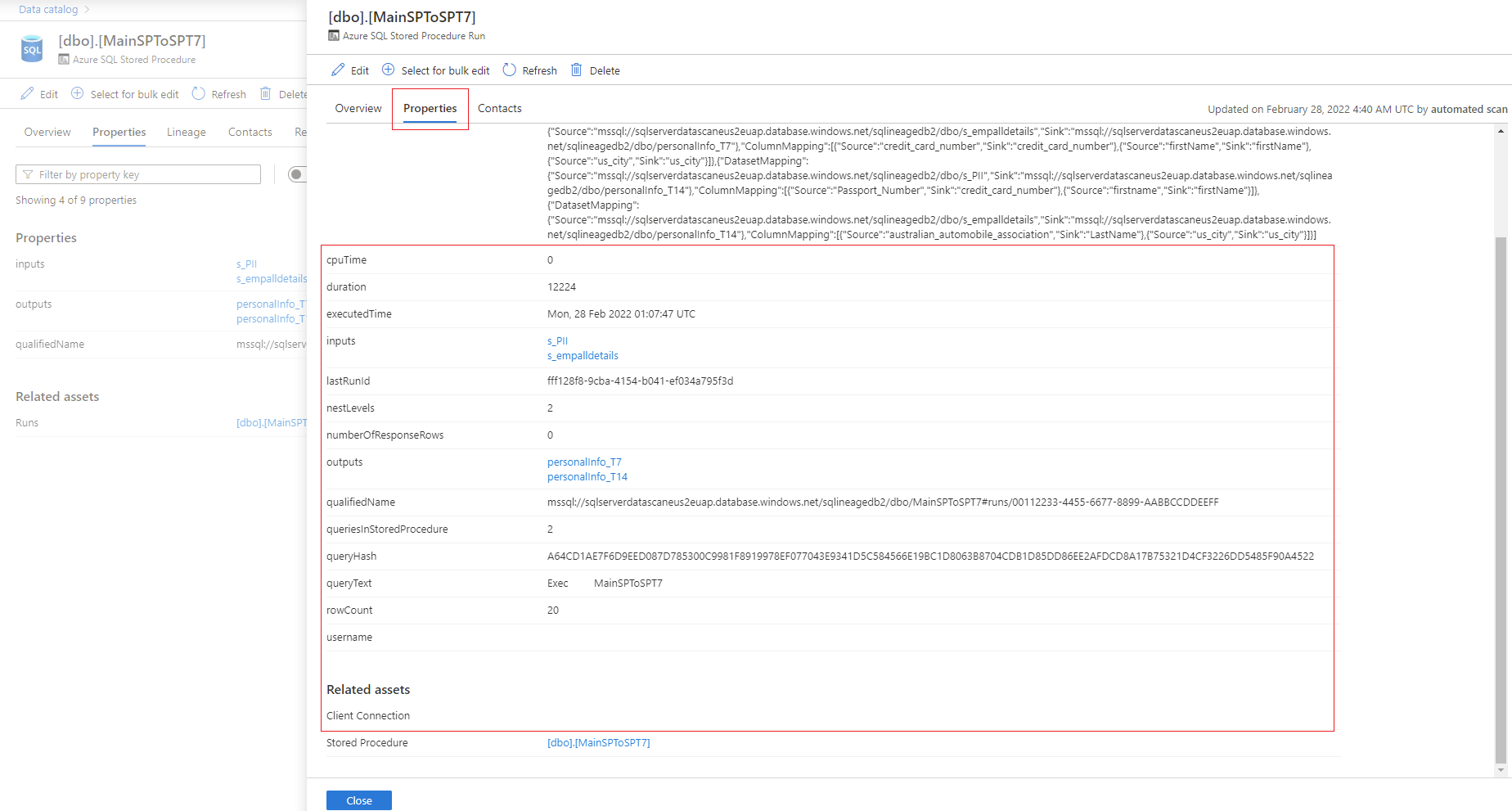 Screenshot that shows run properties for a stored procedure.