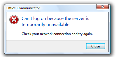 Screenshot that shows an Office Communicator 'server unavailable' message.