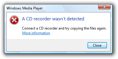 screen shot of message: cd recorder not detected