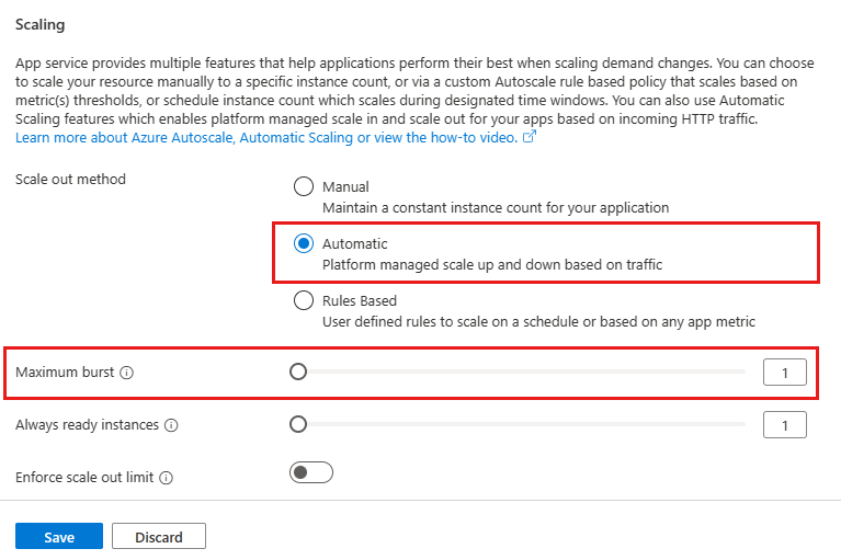 Screenshot that shows automatic scaling in Azure portal