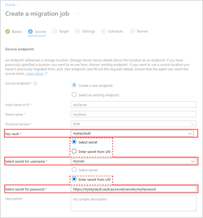Screen capture of the fields required to create a new SMB source endpoint resource.