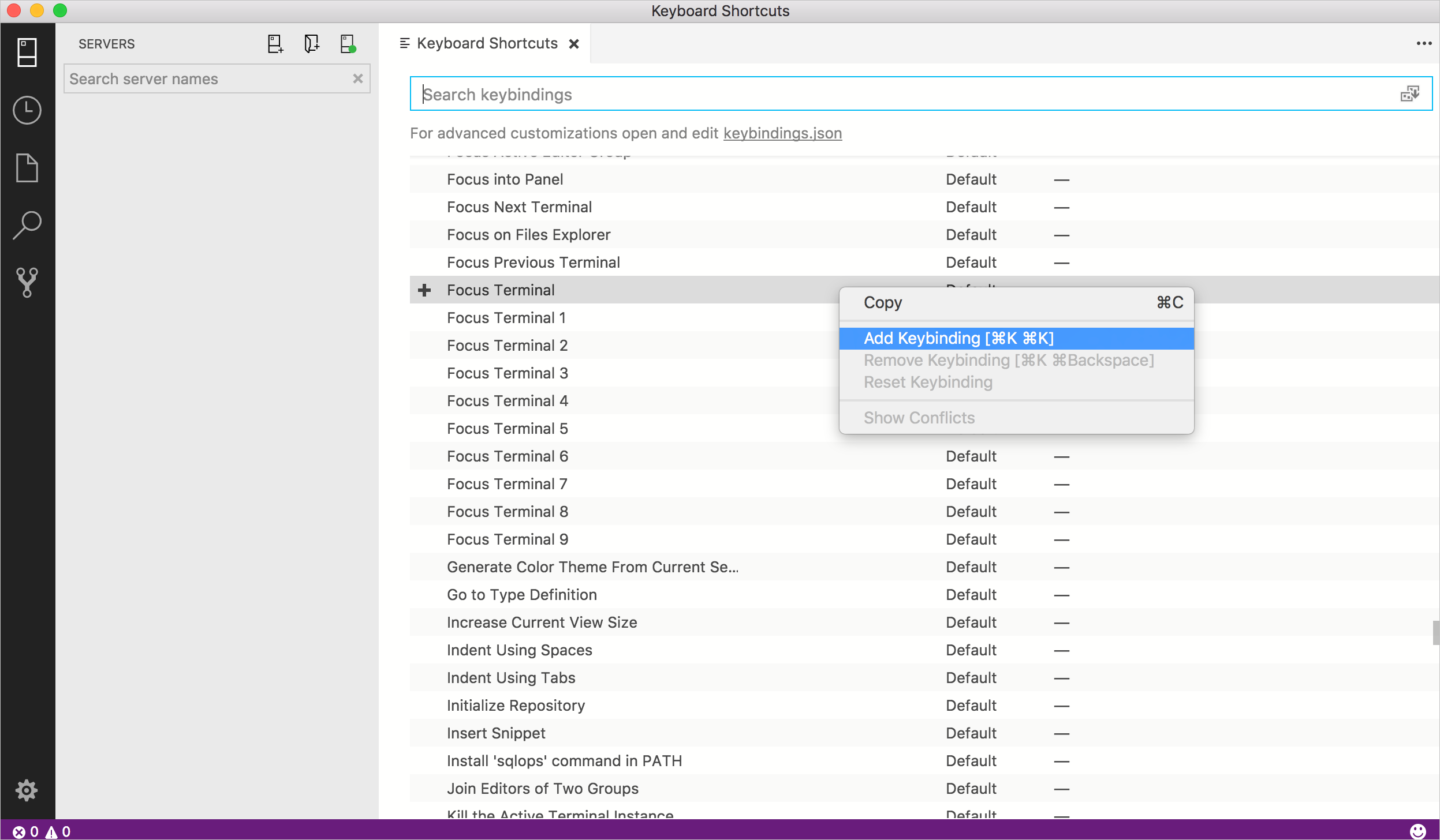 Screenshot of Create keyboard shortcut in Azure Data Studio.