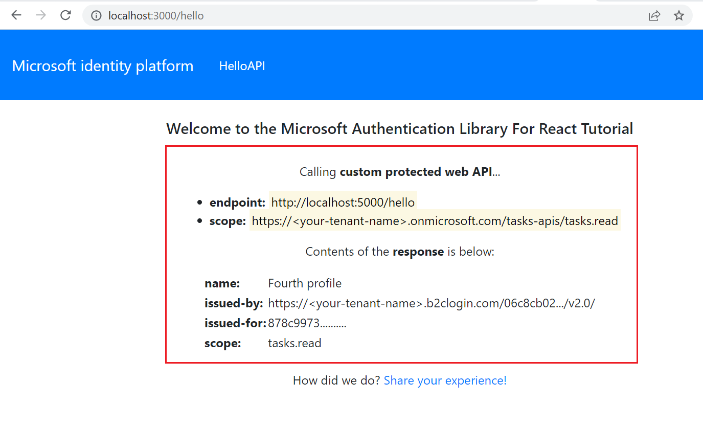 Screenshot of the React sample app with the user profile, and the result of calling the web A P I.