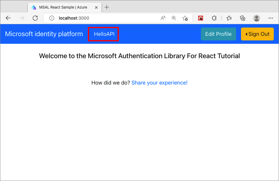 Screenshot that shows the React sample app with the user profile, and the call to the A P I.