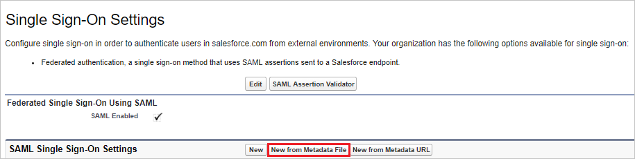 Screenshot that shows the "Single Sign-On Settings" page with the "New from Metadata File" button selected.
