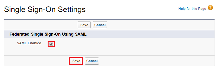 Screenshot that shows the "Single Sign-On Settings" page with the "S A M L Enabled" box checked and the "Save" button selected.
