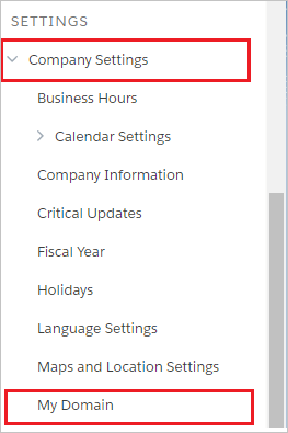Screenshot that shows the "Company Settings" and "My Domain" selected from the left navigation pane.