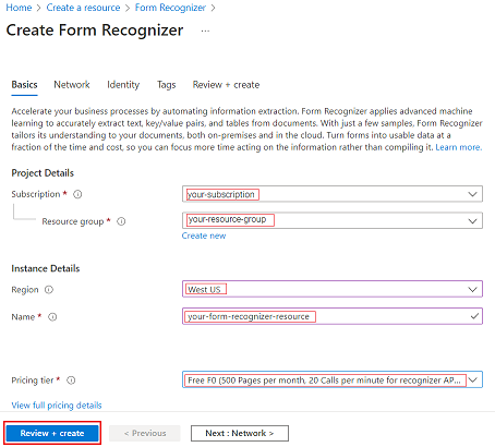 Screenshot that shows the correct values for creating a Document Intelligence resource.
