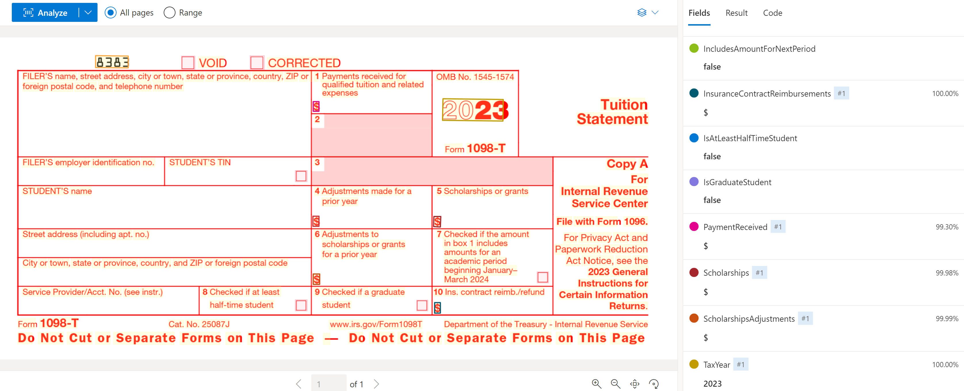 Screenshot of US 1098-T tax form analyzed in the Document Intelligence Studio.