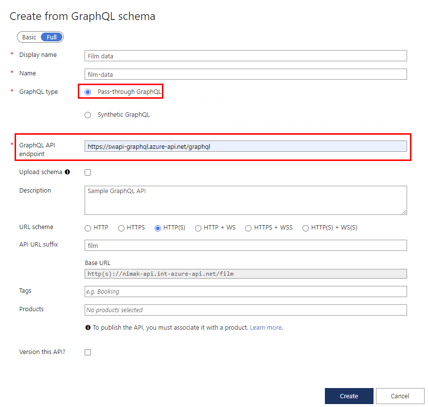 Screenshot of fields for creating a GraphQL API.