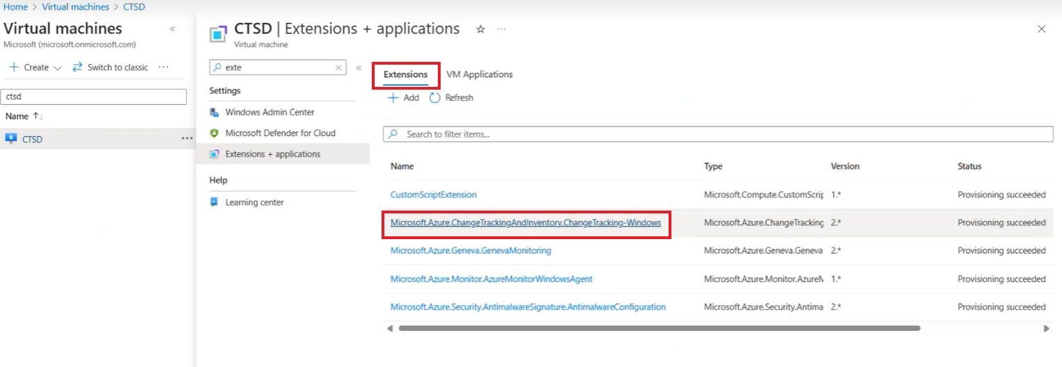 Screenshort of selecting the extension for a VM that is already disassociated from the DCR.