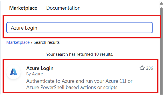 Select the Azure Login Action