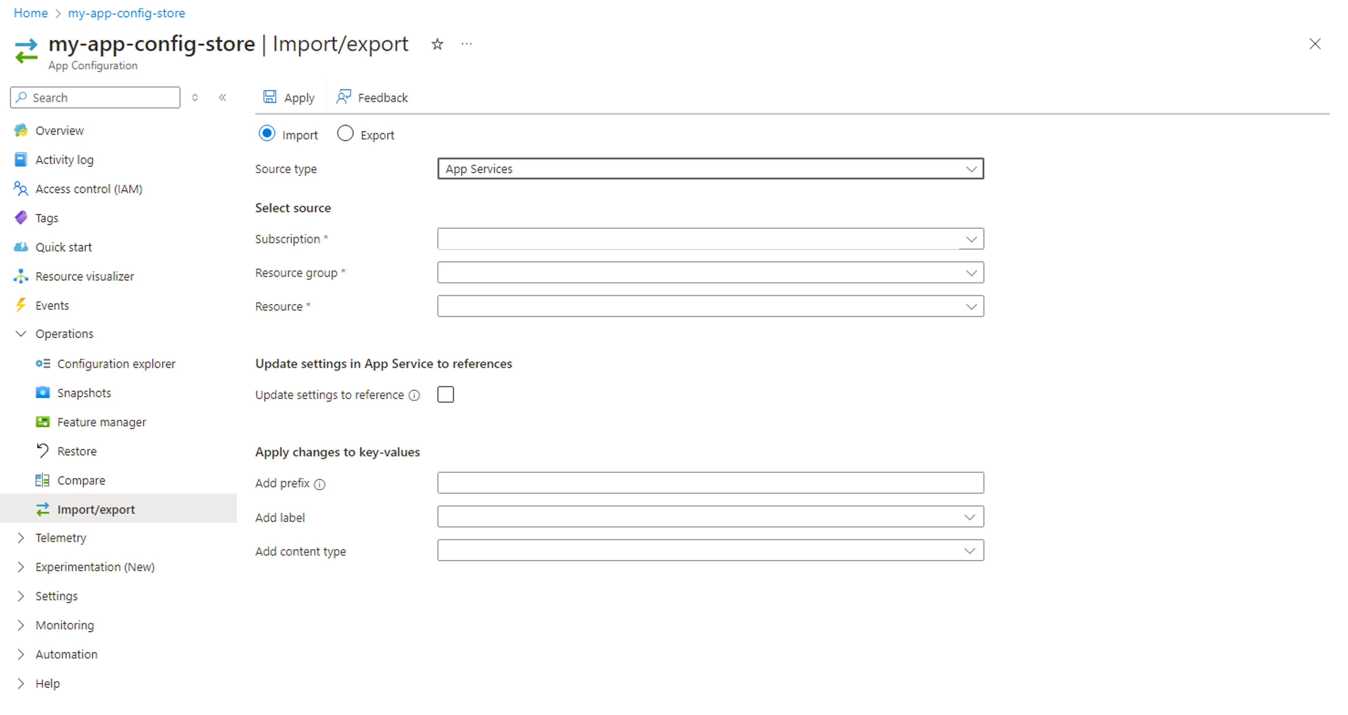 Screenshot of the Azure portal, importing from App Service.