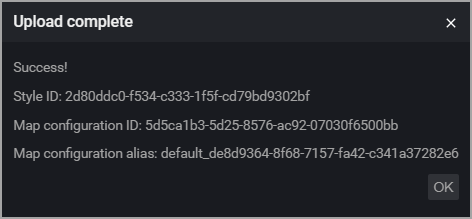 A screenshot of the upload complete dialog box in the visual style editor showing values for the Style ID, Map configuration ID and the map configuration alias.