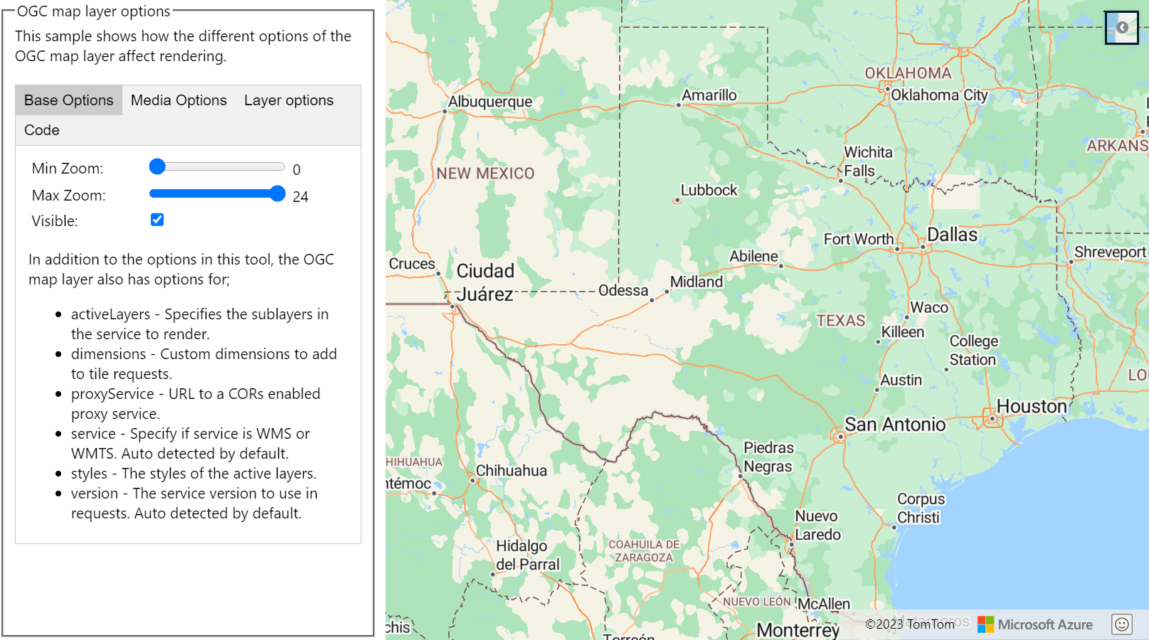 A screenshot that shows a map along with the OGC map layer options.