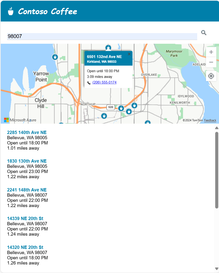 A screenshot showing what the Contoso Coffee store locator application looks like on a mobile device.