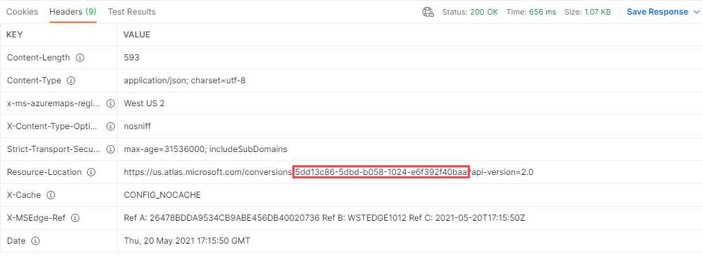 Screenshot of Postman that highlights the conversion ID value that appears in the Resource-Location key in the response header.