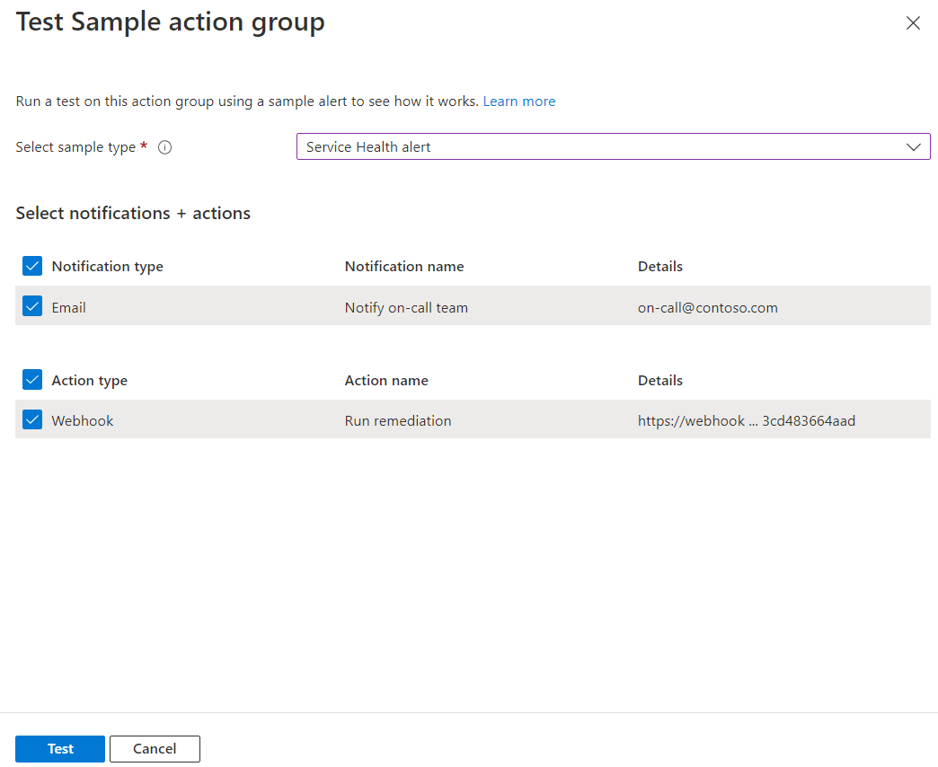 Screenshot that shows the Test sample action group page with an email notification type and a webhook action type.